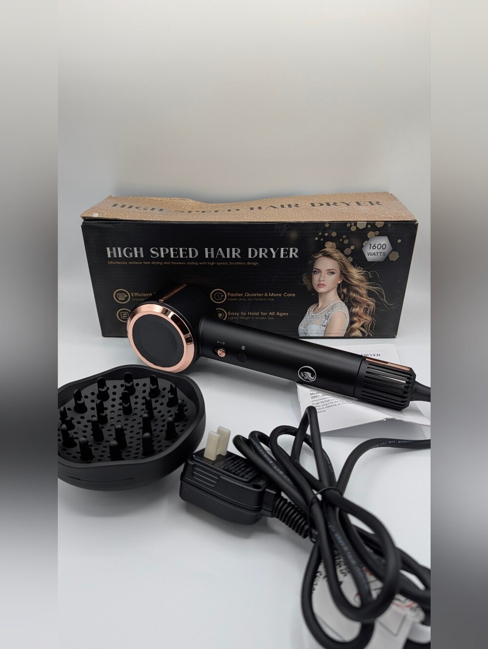 1600W High Speed Hair Dryer with Diffuser - Black & Rose Gold (New / Open Box)